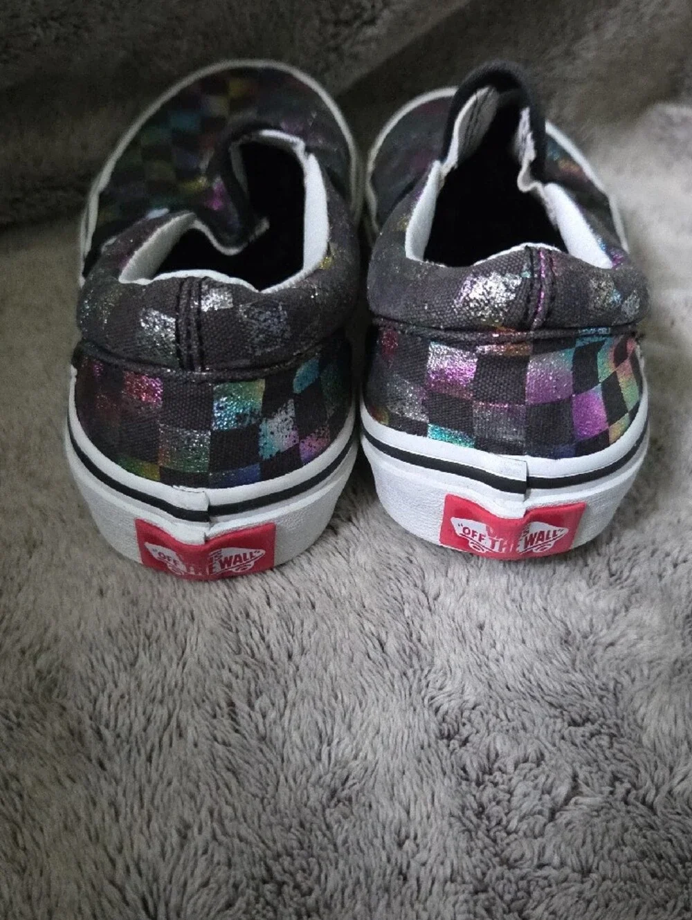 Vans Kids Size 2Y Slip-On Checkerboard Sneakers in Black with Iridescent Accents